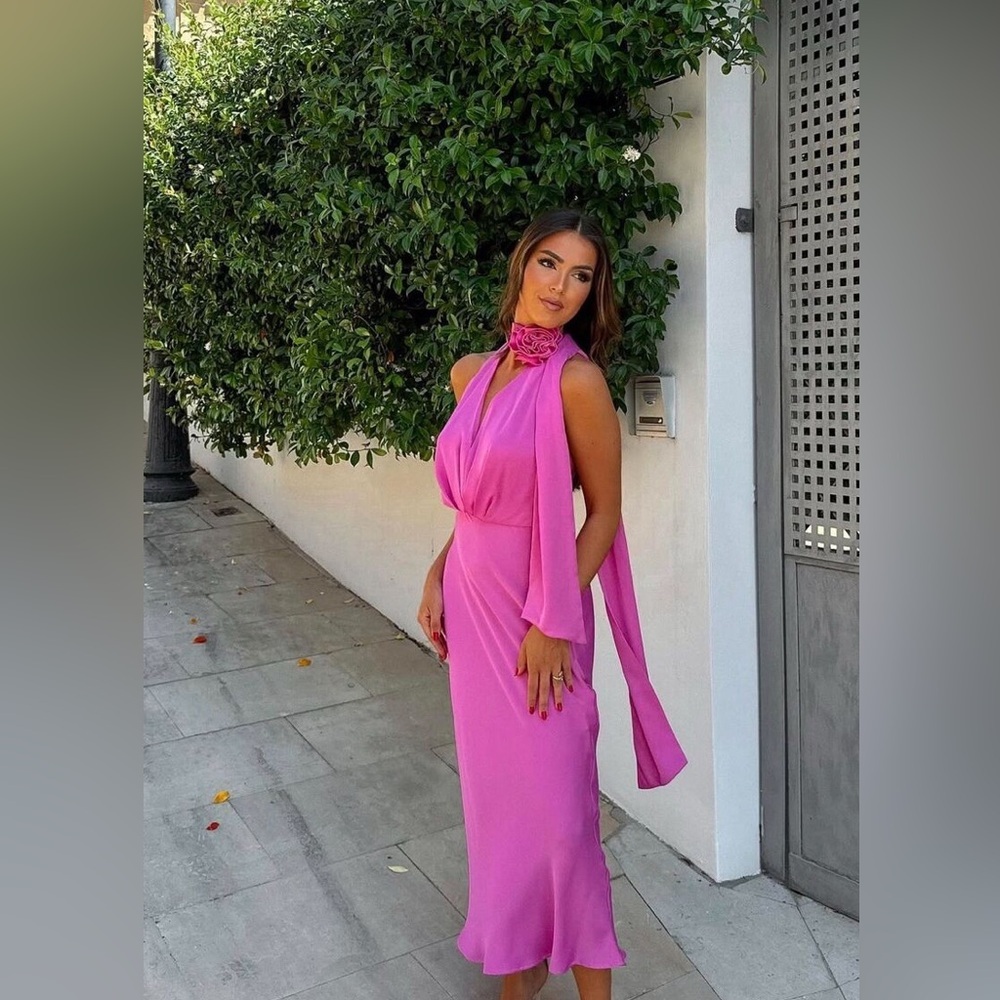 Zara maxi dress pink satin effect floral tie scarf wedding party cocktail